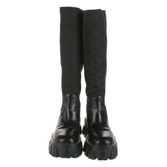 PRADA Monolith Re Nylon Gabardine Knee High Boots With Pouch Size 7 Black Punk - Picture 3 of 9